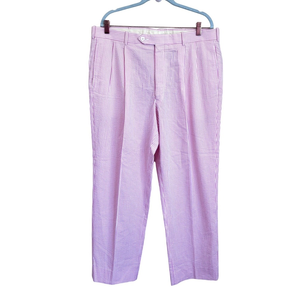 Corbin Mens Vintage Seersucker Pleated Pants Size 36 (38X29) Pink White Preppy